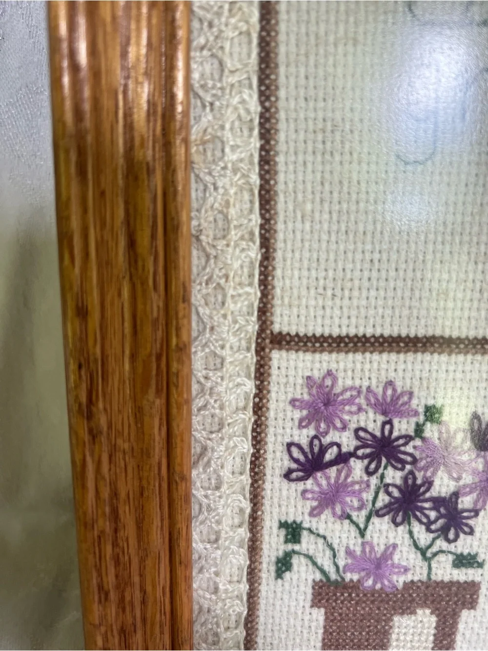 Framed Floral Cross-Stitch Wall Art - Brown Frame, Multicolor